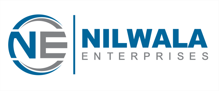 Logo for Nilwala Enterprises – heavy machinery supplier; deep blue and grey; vector; transparent background